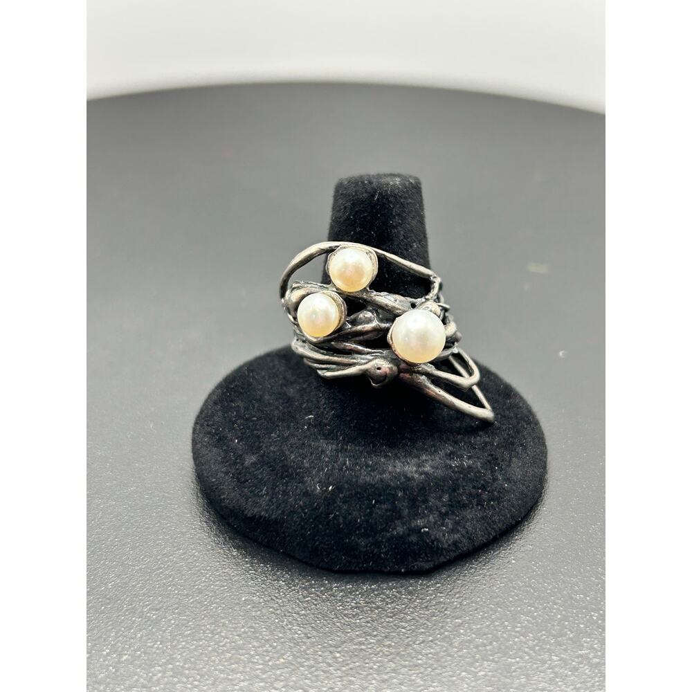 Handmade 925 Sterling Silver Three Pearl Trinity Ring Size 7.5 Unusual Boho Fine